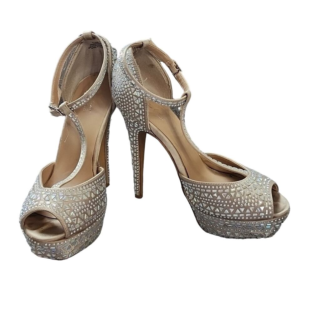 Thalia Sodi Champagne Crystal T-Strap Platform Heels
